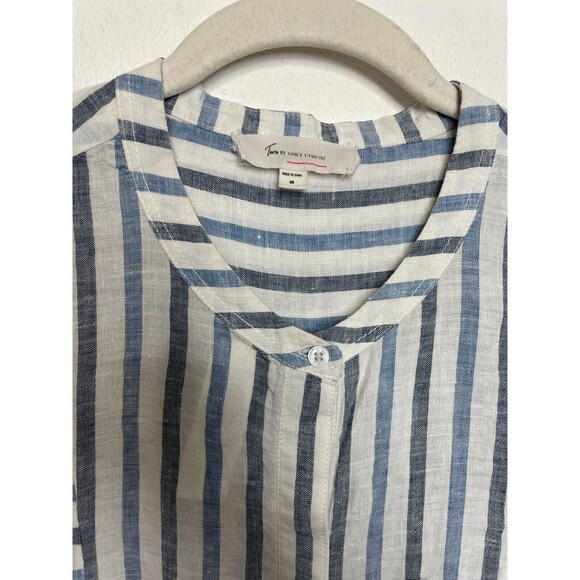 Two by Vince Camuto Medium Woven Striped Tunic Top Blue Linen Cuffed Cap Sleeve - Picture 6 of 12